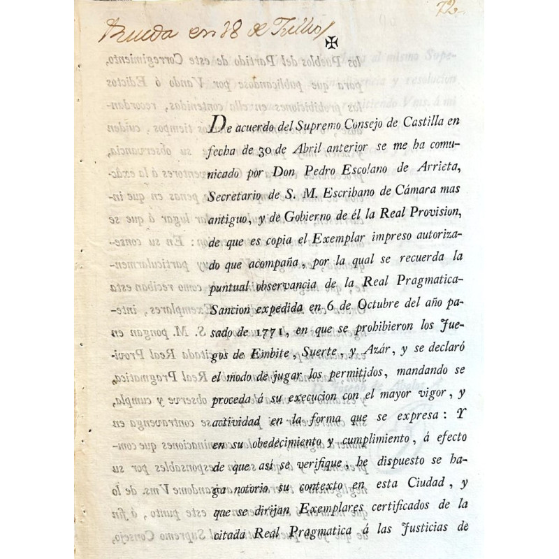 DE acuerdo del Supremo Consejo de Castilla en fecha 30 de Abril anterior se me ha comunicado por D. Pedro escolano de Arrieta,…