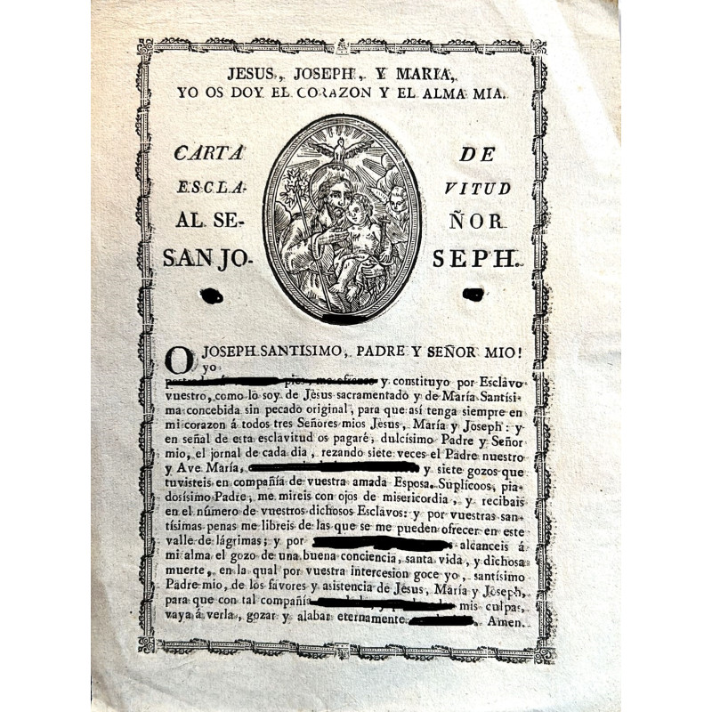 JESÚS, Joseph y María, yo os doy el corazon y el Alma mia. Carta de esclavitud al Señor San Joseph.