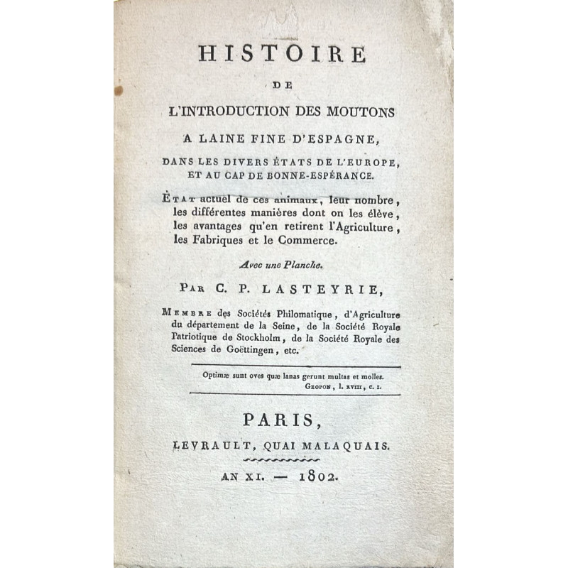 Histoire de l'introduction des moutons a laine fine d'espagne, dans les divers ètats ... 1802