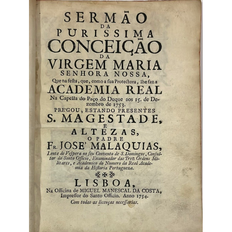 Sermao da Purissima Conceiçao da Virgem Maria Senhora Nossa,  1754