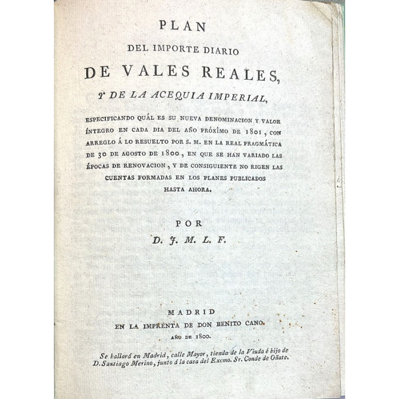 PLAN del importe diario de vales reales, y de la Acequia Imperial,