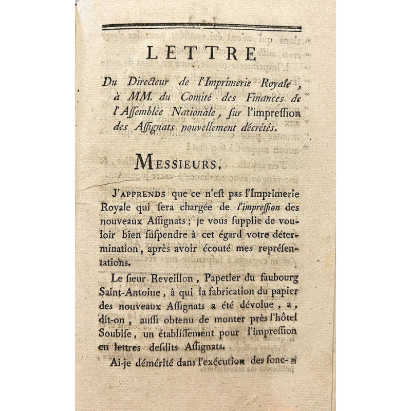 Dos cartas del Director de la Imprimerie Royale de Paris en 1790