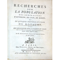 Recherches sur la population des généralites d'Auvergne, de Lyon, de Rouen,  1766