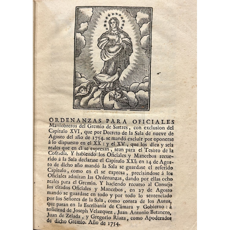 ORDENANZAS para oficiales Maniobreros del Gremio de Sastres.... 1754