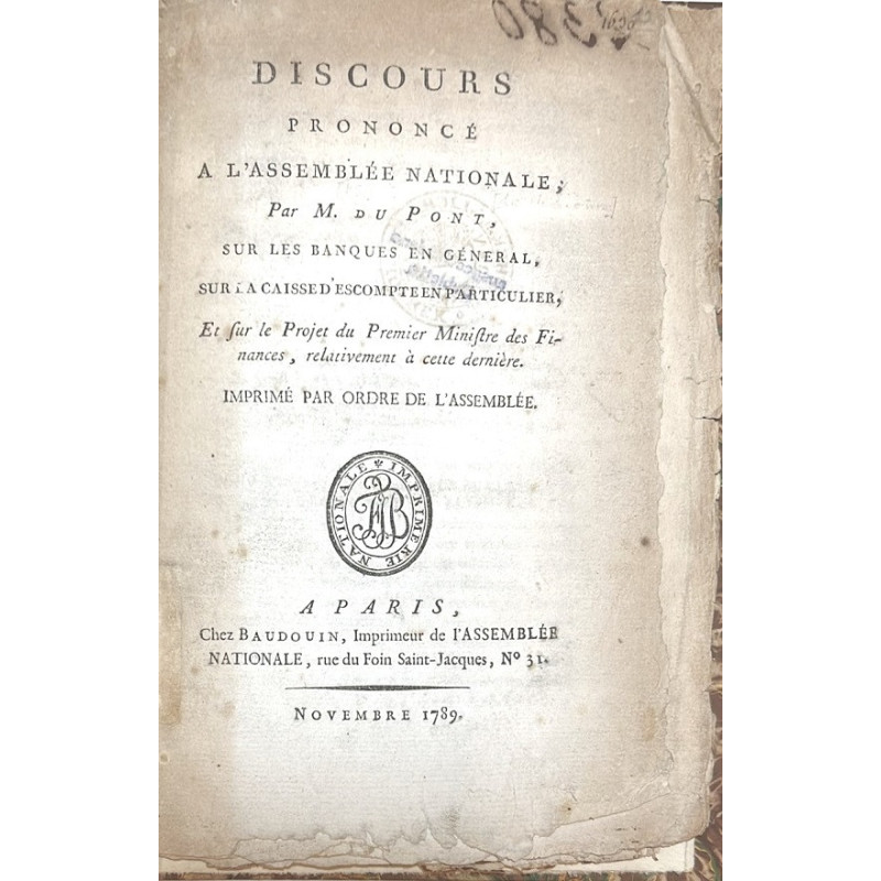 Discours prononcé a l'Assemblée Nationale, sur les banques en géneral. 1789