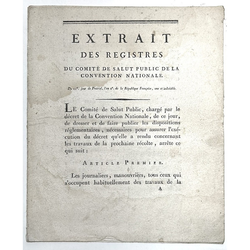 DÉCRET de la Convention Nationale du 17e. Jour de Nivôle, an second de la République Française. 1793