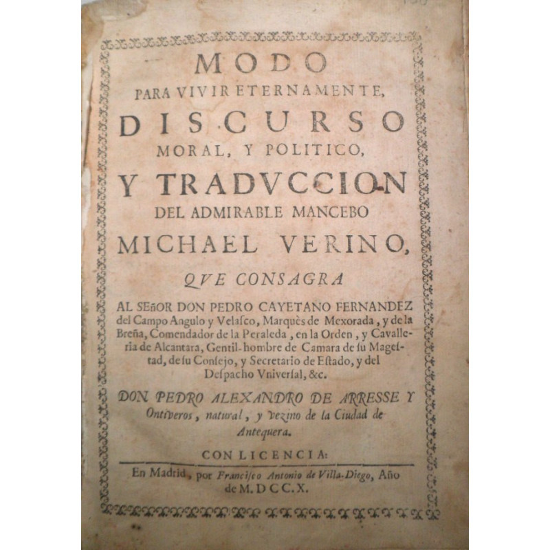 Modo para vivir eternamente, discurso moral, y político, y traducción del admirable mancebo Michael Verino.