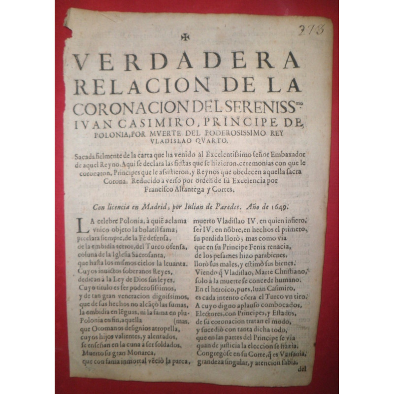 Verdadera relación de la coronación del Sereníssmo. Juan Casimiro, Príncipe de Polonia, por muerte del poderosíssimo Rey Vladisl