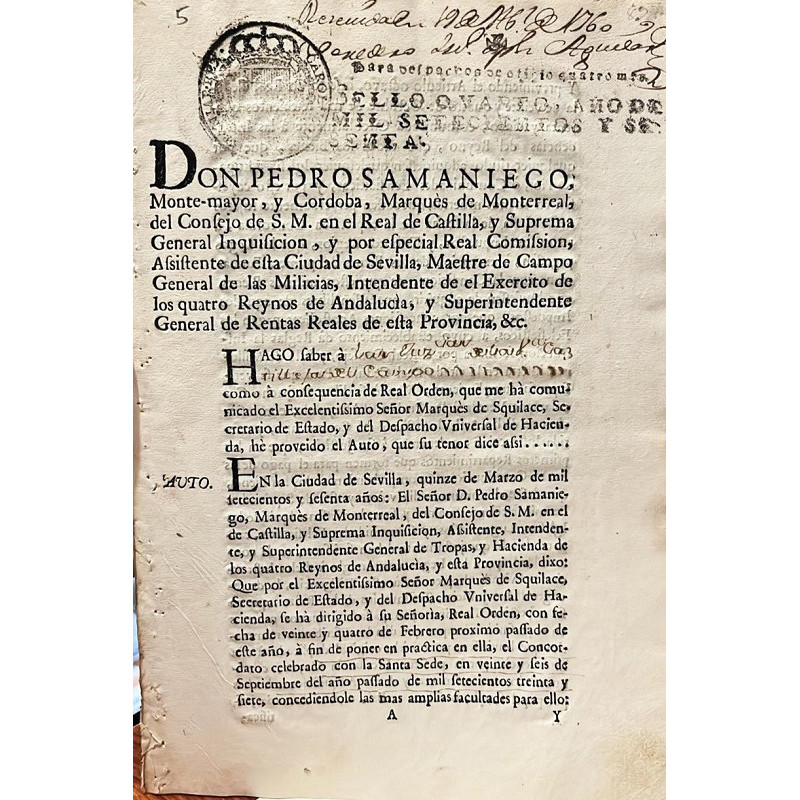 DON Pedro Samaniego, Monte-Mayor, y Córdoba, Marqués de Monterreal, del Consejo de S.M. … Hago saber … el Auto, que su tenor dic