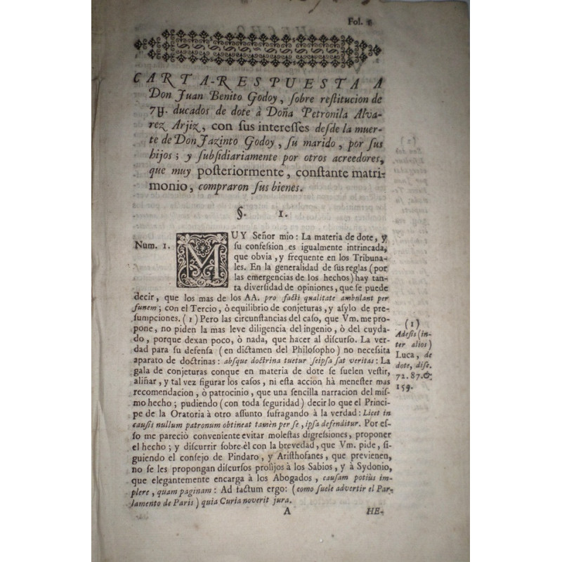 CARTA-Respuesta a Don Juan Benito Godoy, sobre restitución de 7.000 ducados de dote a Doña Petronila Alvarez Arjiz, con sus inte