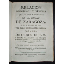 Relación individual, y verídica del sucesso acontecido en la Ciudad de Zaragoza, el día 6 de Abril de 1766. Y de todos sus demás