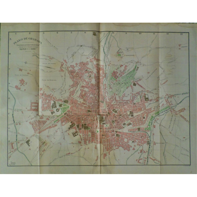 PLANO de Granada. Comprobado con el del Instituto Geogº. y revisado por el arquitecto municipal. Escala 1:5.000.