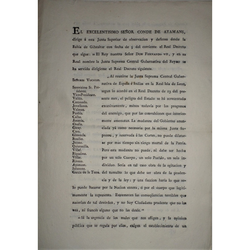 EL EXCELENTÍSIMO Sr. Conde de Ayamans, dirige a esta Junta Superior de observación y defensa desde la Bahía de Gibraltar con fec