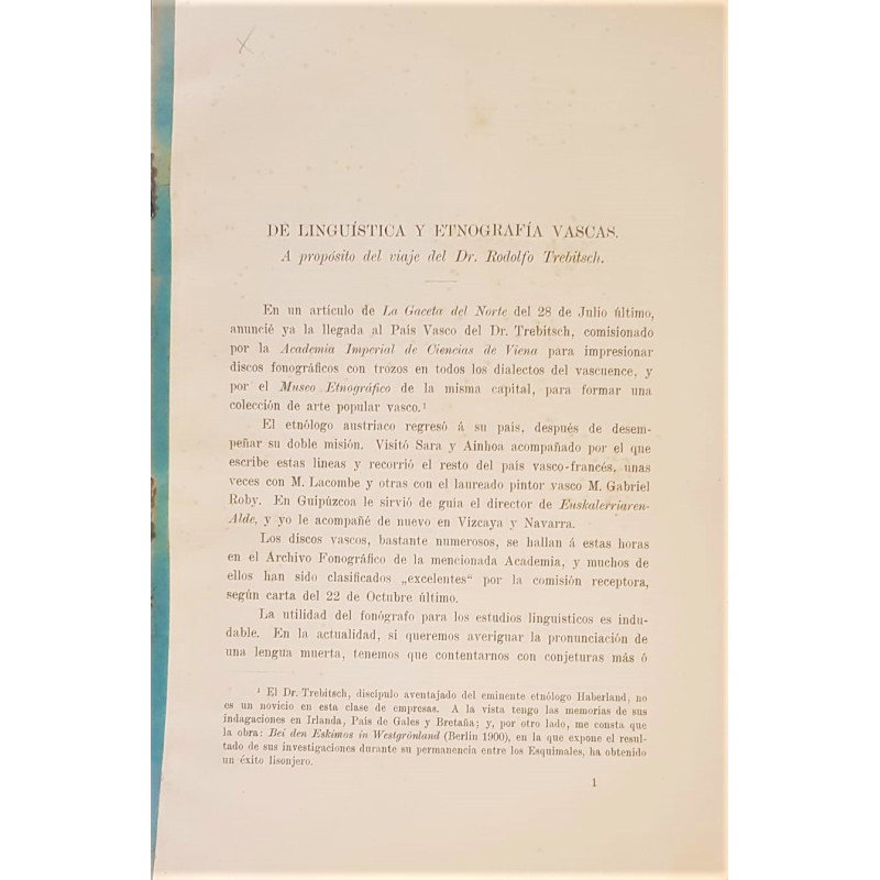 De lingüística y etnografía vascas. A propósito del viaje del Dr. Rodolfo Trebitsch. Separata.