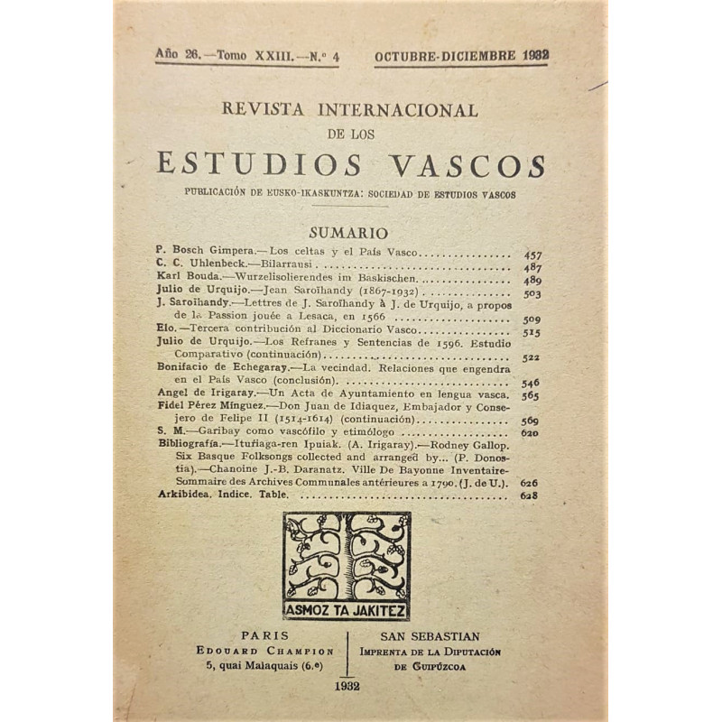 REVISTA Internacional de los estudios vascos. Año 26. Tomo XXIII. N.º 4.