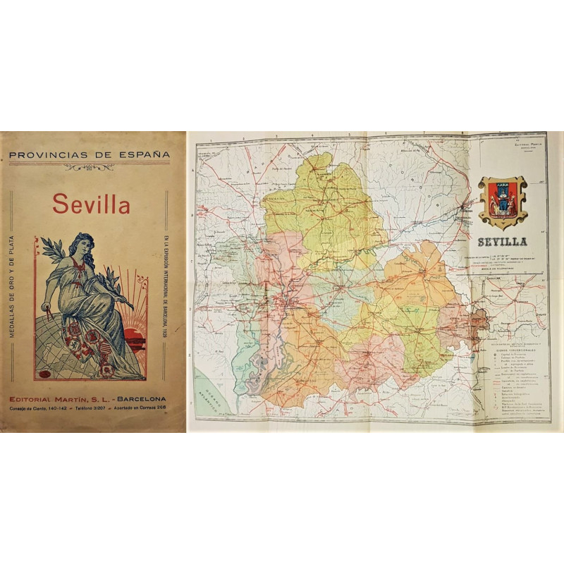 PROVINCIAS de España. Sevilla. Mapa, índice toponímico, teléfonos y telégrafos. Ferrocarriles.